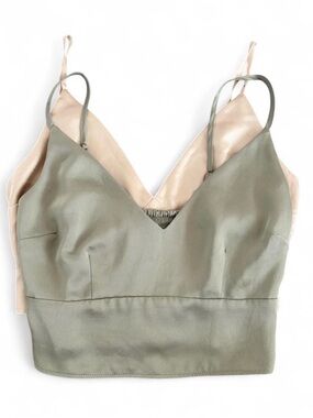 Abercrombie & Fitch Satin Crop Smocked Cami in Sage Green & Cream Bundle S